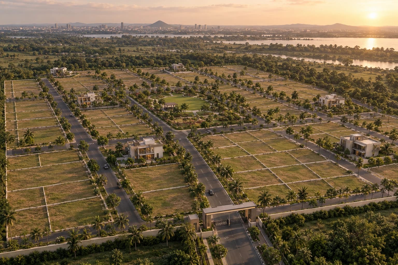 Aerial view of the township at golden hour