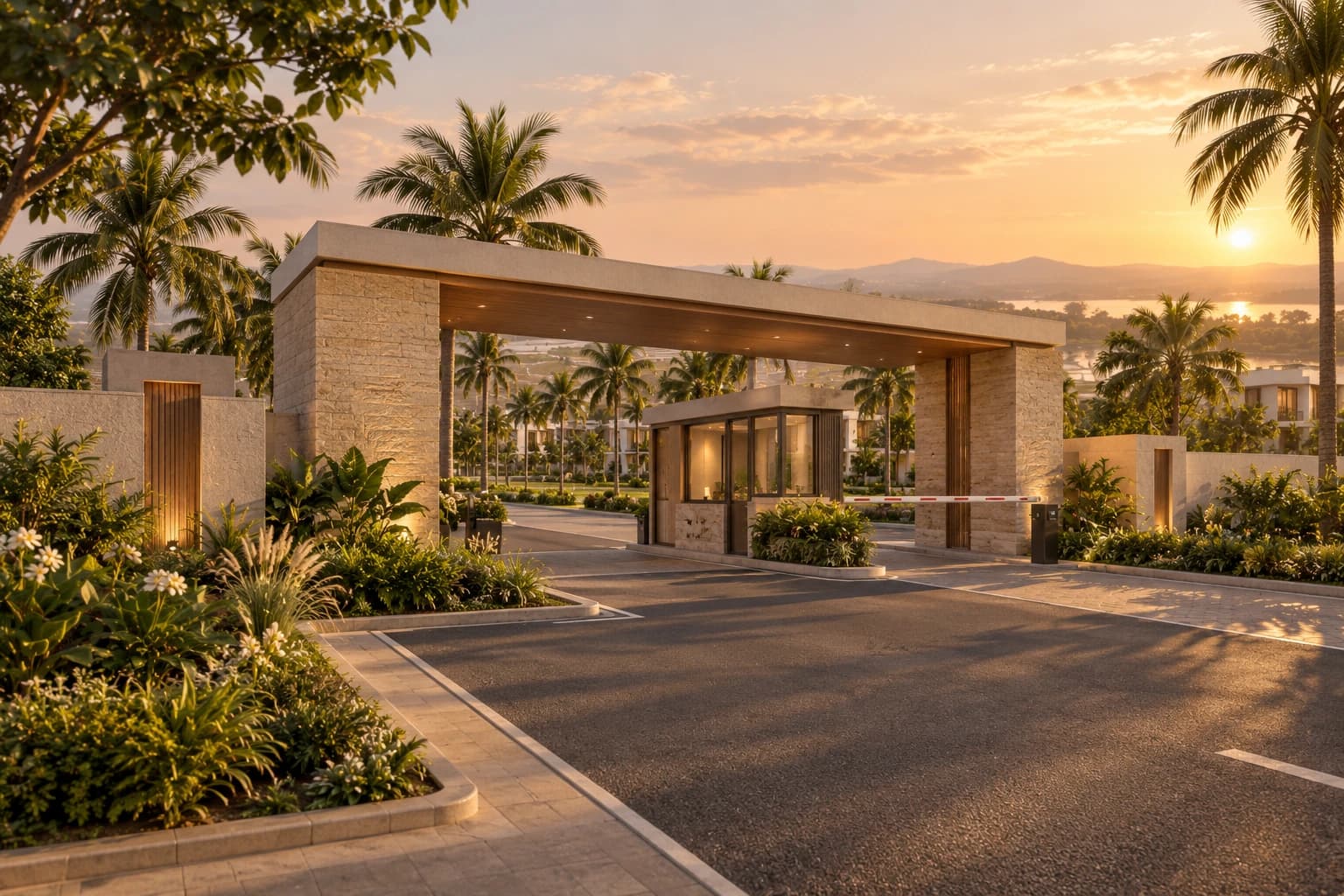Gated entrance of the township with security cabin and landscaping