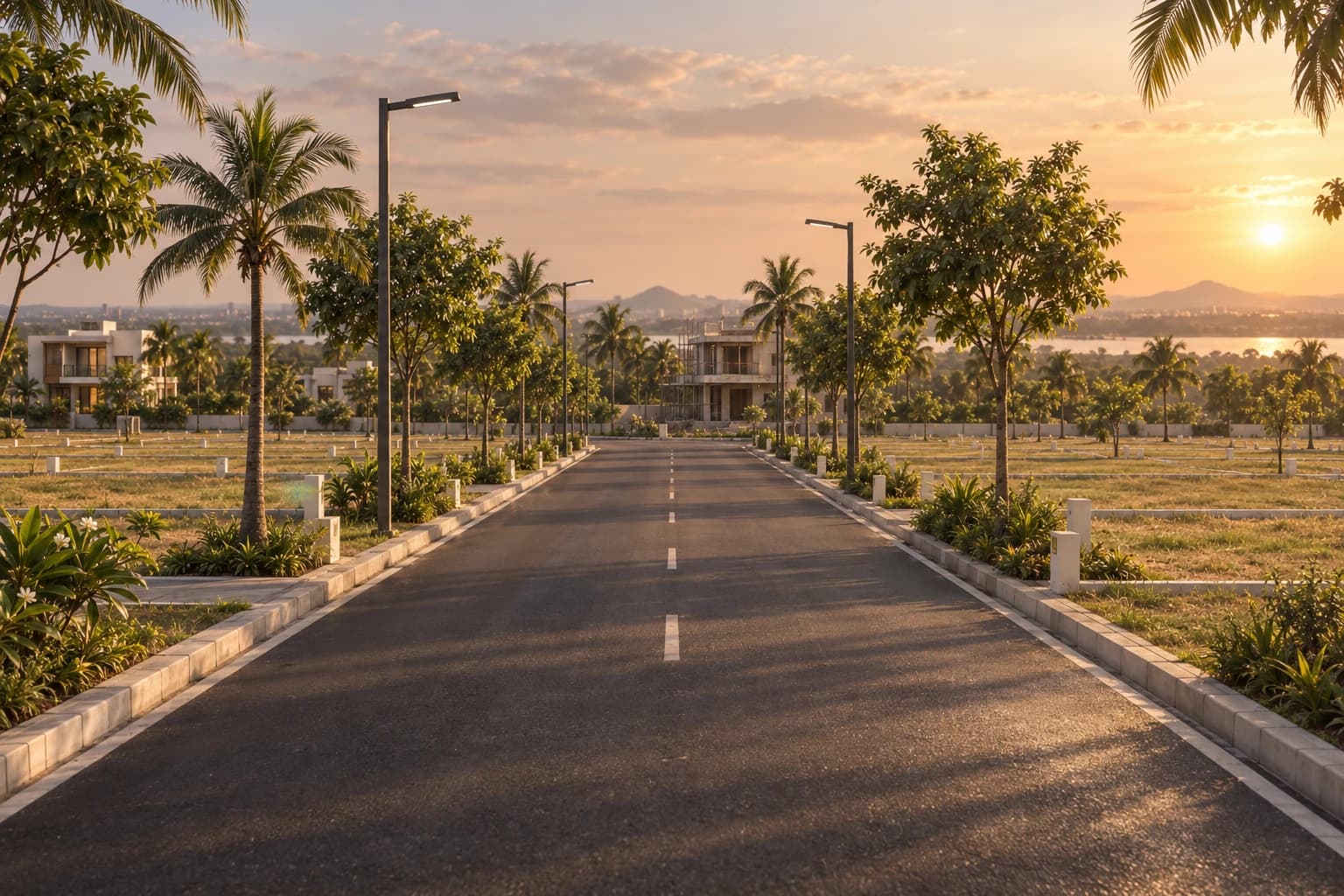 Internal road lined with young avenue trees and street lighting