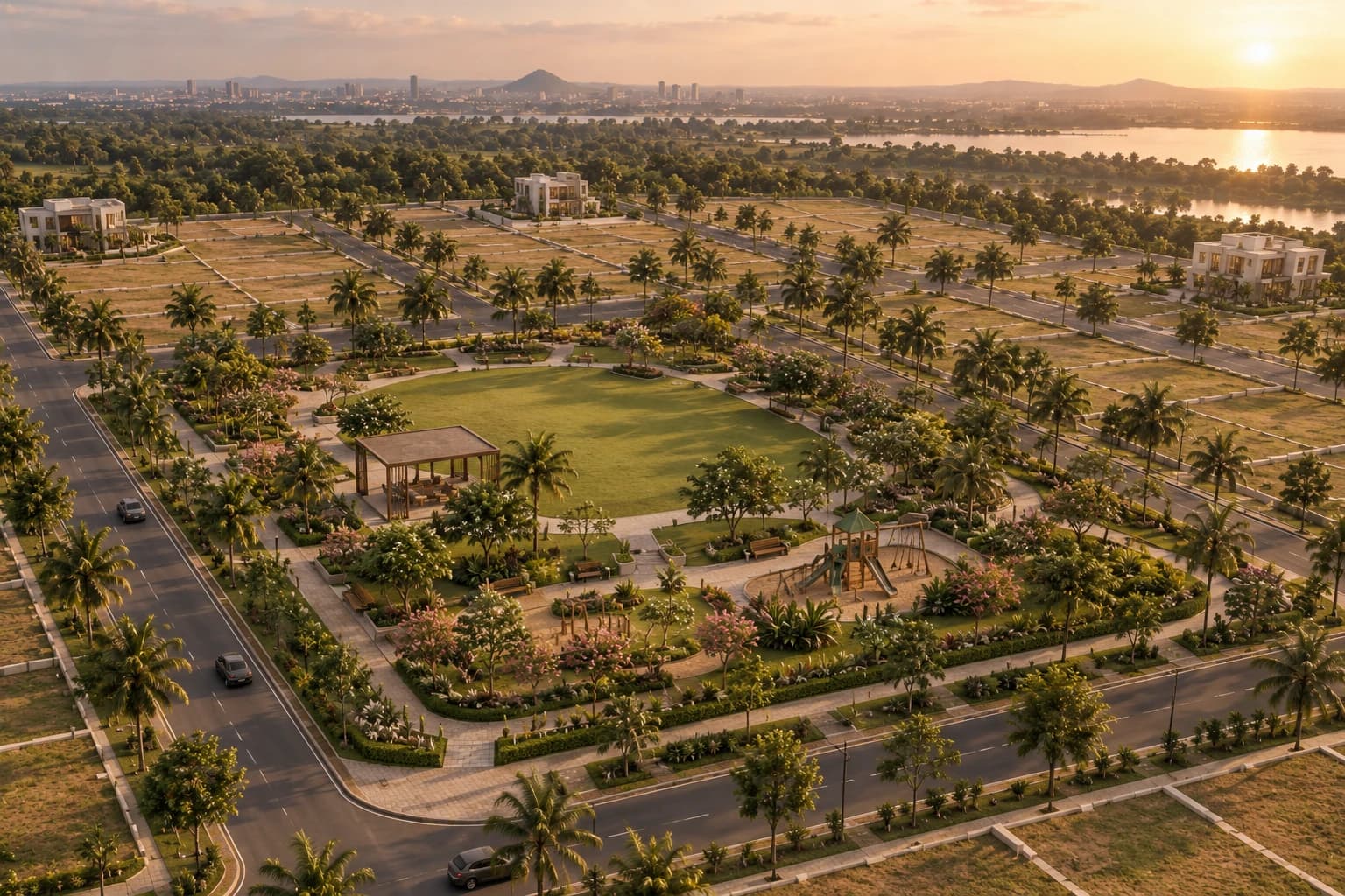 Landscaped central park within the township