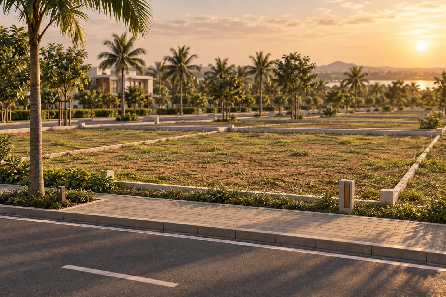 A single demarcated residential plot with boundary marker stones