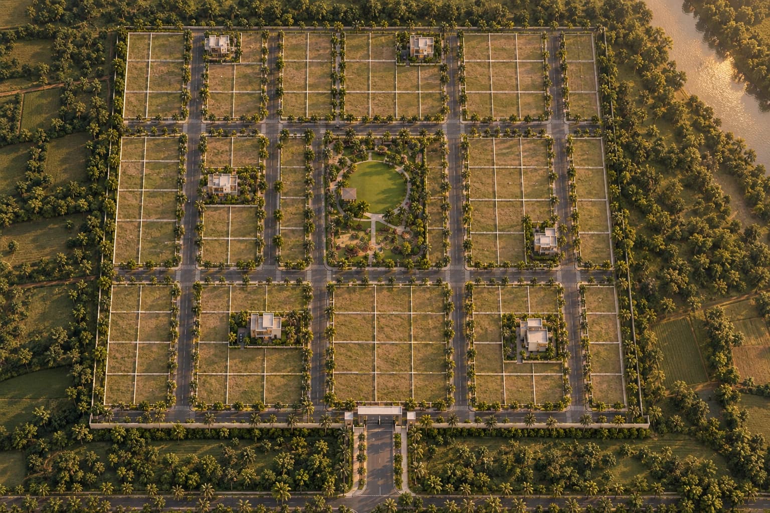 Top-down aerial view of the Green Valley Township layout