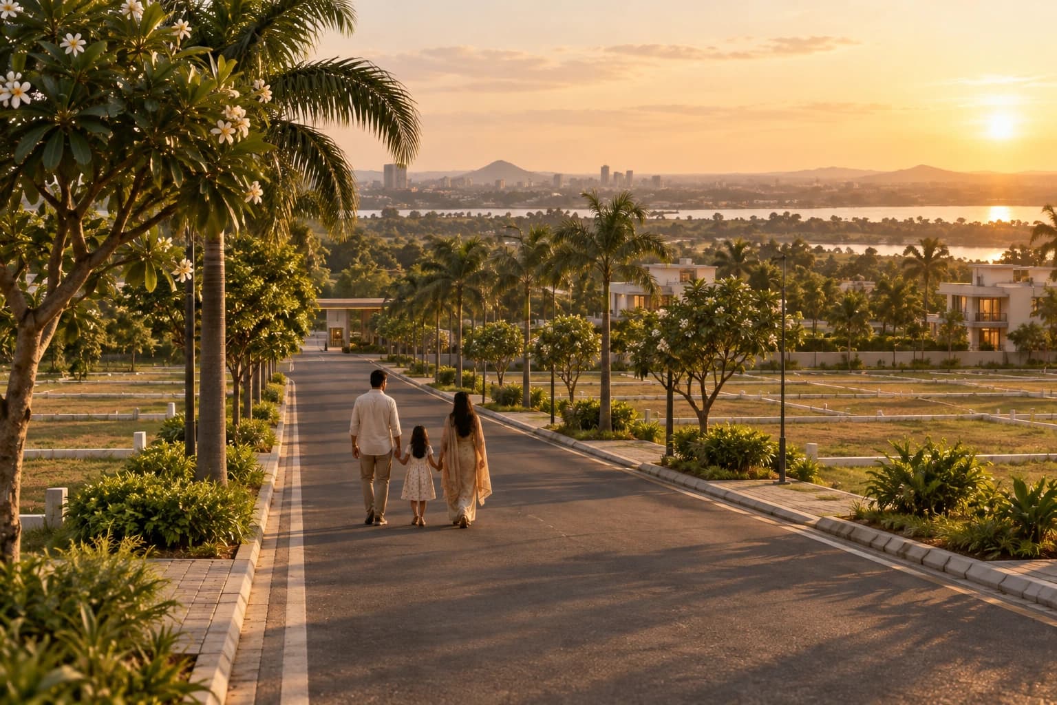 A family walking along a paved internal road at golden hour